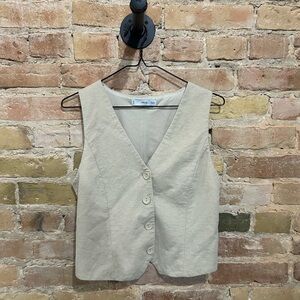 MNG Fitted Beige Linen Button-Up Vest Sleeveless Top